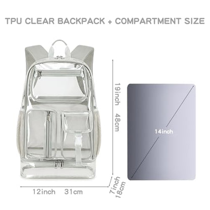 Cusangel Heavy Duty Clear Backpack,16.5 x12 x5inch TPU Large Capacity See Through Backpack for Sport Events,Travel (Upgrad Grey-XL) - color: Upgrad Grey-xl