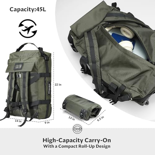 STOVER 45/80/100L Carry-On Rolling Duffel Bag with Wheels, Medium Durable Travel Duffle w/Toiletry Bag, Packable, Foldable with Shoulder Straps- Use as Luggage or Backpack, Men/Women (Green) - color: Green