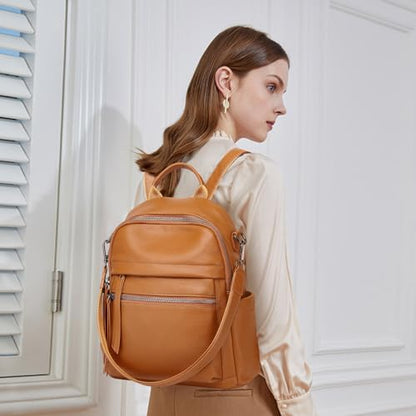 Genuine Leather Backpack Purse For Women | Real Soft Leather, Convertible, Ladies Daypack Shoulder Bag, Orange Brown - color: Orange Brown
