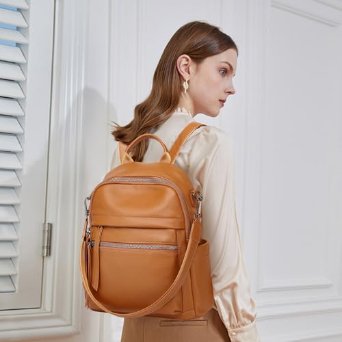 Genuine Leather Backpack Purse For Women | Real Soft Leather, Convertible, Ladies Daypack Shoulder Bag, Orange Brown - color: Orange Brown