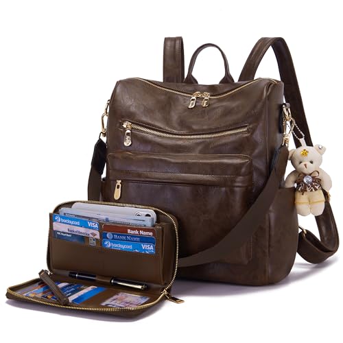 Soperwillton Women Backpack Purse Multipurpose Design Handbags Shoulder Bag PU Leather Travel bag Backpack Set 2pcs - color: Darkcamel