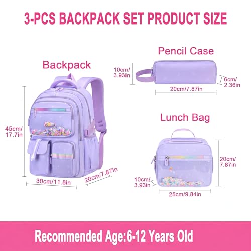 3PCS Kids Backpack Set, School Backpack with Lunch Bag & Pencil Case, Lightweight Waterproof Bookbag for Kids (Purple Sequin) - color: Purple Sequin