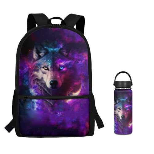 ZOUTAIRONG Galaxy Wolf School Bag Set and Durable Thermos Two Piece Backpack Set Mini Water Up and School Bags with 2 Side Pockets - color: Galaxy Wolf