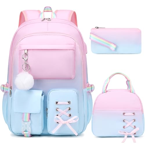 Scothen Backpacks for Girls, Girls Backpack with Lunch Box & Pencil Pouch for Teens Girl Kids Elementary Middle High School College Student Bookbag Daypack Laptop Travel Backpack for Women - color: Pink Blue