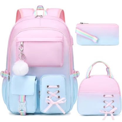 Scothen Backpacks for Girls, Girls Backpack with Lunch Box & Pencil Pouch for Teens Girl Kids Elementary Middle High School College Student Bookbag Daypack Laptop Travel Backpack for Women - color: Pink Blue