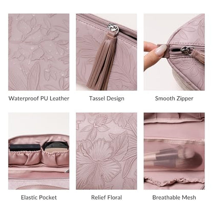Cabbrix Travel Makeup Bag, Extra Large Capacity 3 Pcs Set Cosmetic Bag for Women, Waterproof PU Leather, Flat Open Portable Toiletry Bag for Skincare, Brushes & Travel Essentials (Purple) - color: Purple