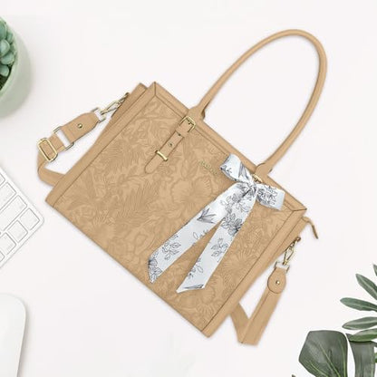 MOSISO Laptop Bag for Women, 15.6-16 inch PU Leather Tote Bag Compatible with MacBook, HP, Dell, Asus Notebook, Front Embossed Retro Hibiscus Computer Bags with Silk Scarf&Clutch Purse, Apricot - color: Apricot, size: 16 inch