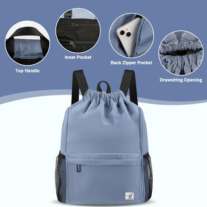 Drawstring Backpack with Mesh Pockets String Gym Bag Sackpack Sandproof Water Resistant Beach Backpack for Men Women - color: Slate Gray