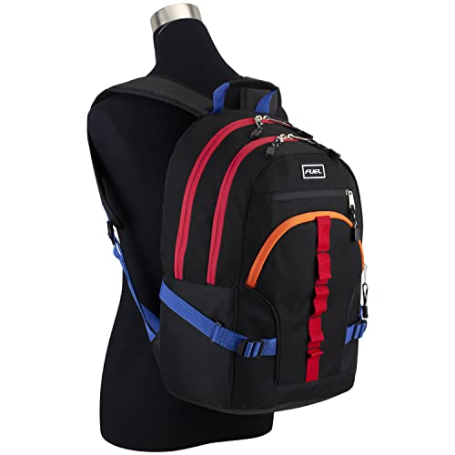 FUEL Hiking Laptop Backpack, College Bookbag, Travel Daypack with 5 Compartments, Dynamo Tech Pocket, 18.5 Inches - color: Black W/ Orange