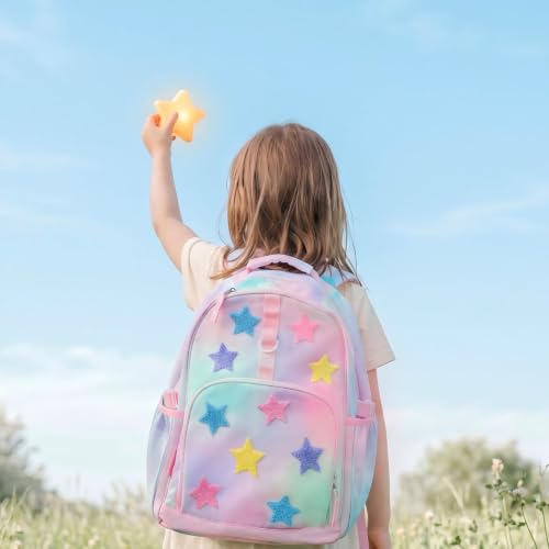 Choco Mocha Kids Backpack for Girls Stars Backpack Kids Elementary School Backpack for Girls Ages 6-8 Kid Bookbag 17 Inch with Chest Strap, Pink - color: Towel Embroidery Stars