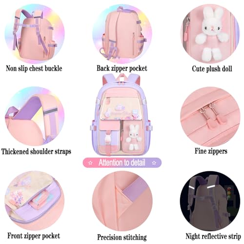 3pcs Girls Backpack With Lunch Box & Pencil Case,Cute Rabbit Kids School Backpack Set For Kindergarten & Elementary School (Style A Purple-16.5in) - color: Style A-purple