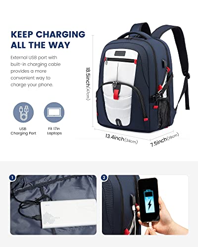 LOVEVOOK 17 inch Blue&White Travel Laptop Backpack with USB Charging Port, Anti-Theft, Water-Resistant, Modern Practical Unisex College/University Backpack - color: Blue&white, size: 17 inch