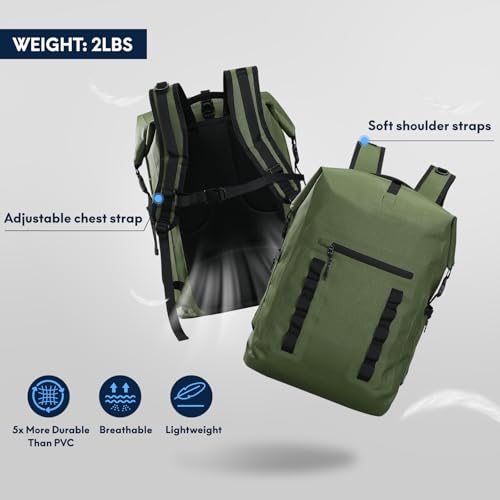 Haimont Waterproof Dry Backpack 30L TPU Lightweight Roll Top Dry Bag for Men Women, Beach, Kayaking, Travel, Hiking - color: Army Green