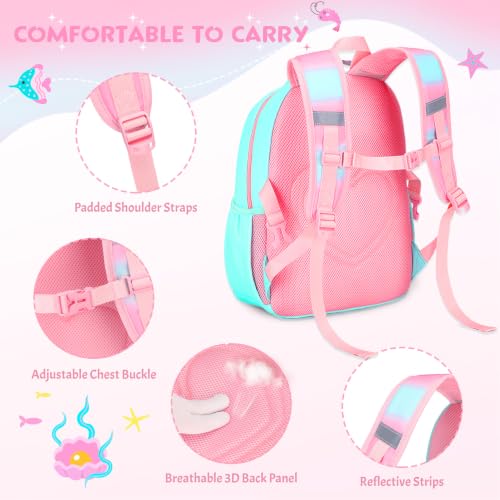 Kids Backpack for Girls 5-8, 4PCS Toddler Backpack with 13oz Kids Insulated Water Bottle, Lunch Box and Pencil Case, Girls Bookbag Schoolbag for Primary Kindergarten Elementary School - color: Green Mermaid