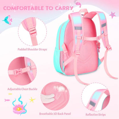 Kids Backpack for Girls 5-8, 4PCS Toddler Backpack with 13oz Kids Insulated Water Bottle, Lunch Box and Pencil Case, Girls Bookbag Schoolbag for Primary Kindergarten Elementary School - color: Green Mermaid