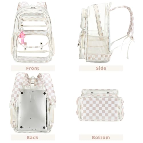 ACESAK Clear Backpack for Girls - 3 Pcs Clear Backpack Heavy Duty with Lunch Bag - See Through Bookbag Stadium Approved for Kids Middle High College School(Beige Checkerboard) - color: Beige Checkerboard