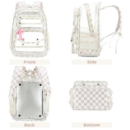 ACESAK Clear Backpack for Girls - 3 Pcs Clear Backpack Heavy Duty with Lunch Bag - See Through Bookbag Stadium Approved for Kids Middle High College School(Beige Checkerboard) - color: Beige Checkerboard