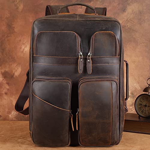 TIDING 17.3" Full Grain Leather Laptop Backpack for Men Multi Pockets Casual Daypack Business Travel Rucksack - color: Dark Brown