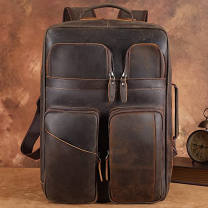 TIDING 17.3" Full Grain Leather Laptop Backpack for Men Multi Pockets Casual Daypack Business Travel Rucksack - color: Dark Brown