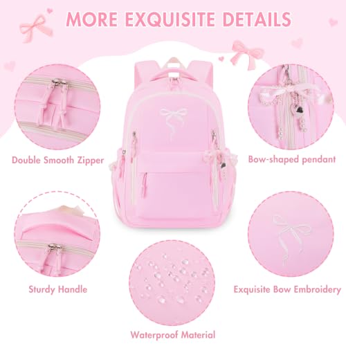 Kids Backpack for Girls - 3PCS Cute Embroidered Bow Girls Backpack with Insulated Lunch Bag & Pencil Case - Bookbag for Teen Women Middle High School College Work Travel Daypack - color: Pink Beige