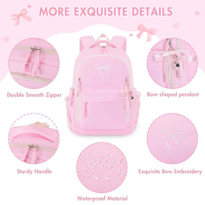 Kids Backpack for Girls - 3PCS Cute Embroidered Bow Girls Backpack with Insulated Lunch Bag & Pencil Case - Bookbag for Teen Women Middle High School College Work Travel Daypack - color: Pink Beige
