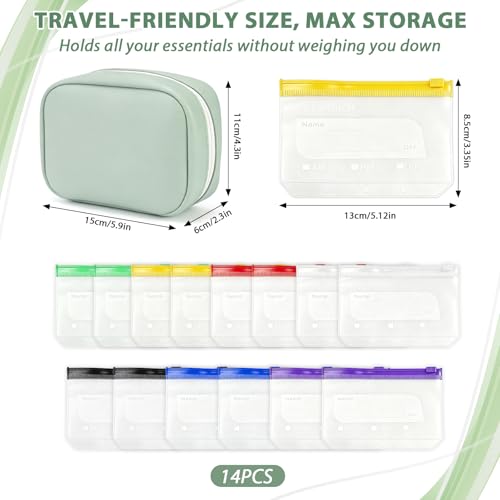Waterproof Pill Pouch Set-14pcs Bags Inside,A8 Waterproof Pill Organizer Set,Travel Medicine Organizers,Leakproof Reusable Zippered Storage Case for Fish Oils, Vitamins(Green)