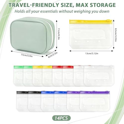 Waterproof Pill Pouch Set-14pcs Bags Inside,A8 Waterproof Pill Organizer Set,Travel Medicine Organizers,Leakproof Reusable Zippered Storage Case for Fish Oils, Vitamins(Green)