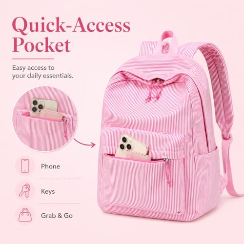 BTOOP School Backpacks for Teen Girls Bookbags Lightweight Kids Backpack School Bags Set with Lunch Box Pencil Case - color: Pink White Stripe