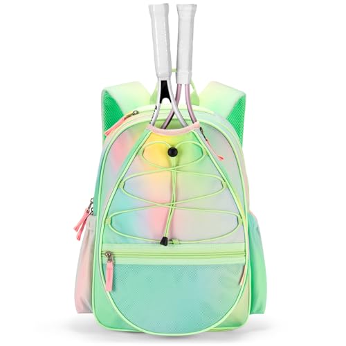 Choco Mocha Kids Tennis Bag, 16 Inch Youth & Junior Tennis Backpack with Shoe Compartment, Holds 2 Rackets (21–23 Inch) - color: Colorful Green