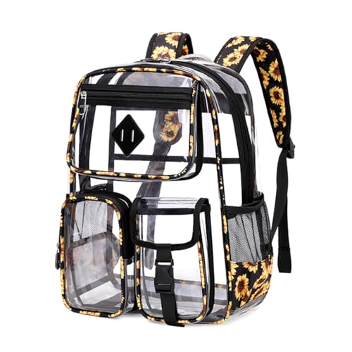 Clear Backpack for Girls Large Heavy Duty Transparent Bookbag for Middle School Kids Travel Daypacks - color: Black Sunflower