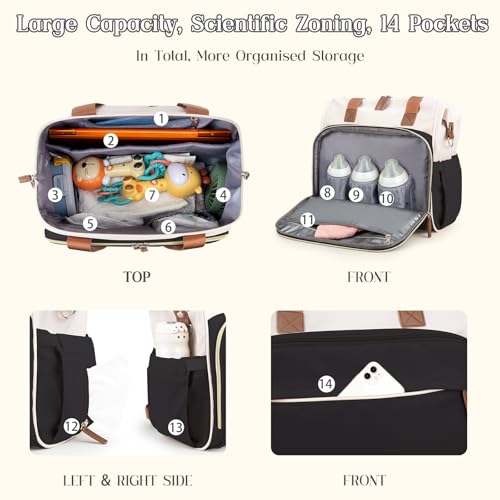 Diaper Bag Backpack Mommy Bag Large Capacity Diaper Backpack Travel Essential Baby Diaper Bag for Mom and Dad, Black & Beige - color: Black & Creamy-white