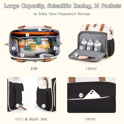 Diaper Bag Backpack Mommy Bag Large Capacity Diaper Backpack Travel Essential Baby Diaper Bag for Mom and Dad, Black & Beige - color: Black & Creamy-white