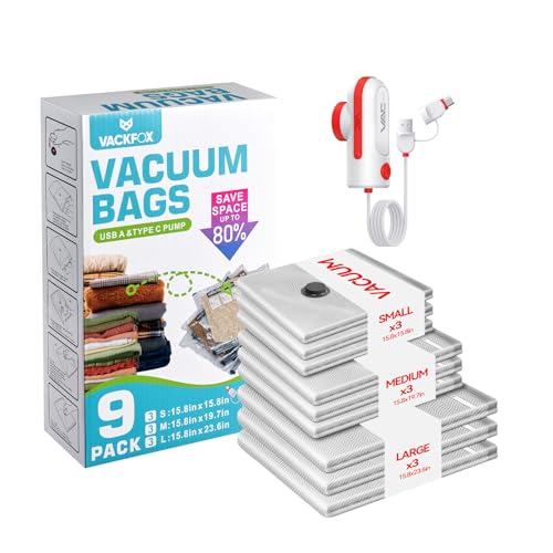 Travel Vacuum Bags with USB & TYPE C Pump,9 Pack Carry-On Size Vacuum Storage Bags for Luggage and Suitcase,Vacuum Luggage Bags,Space Saver for Clothes and Clothing Travel(Red) - style: Red-9 Vacuum Bags + USB & TYPE-C Pump