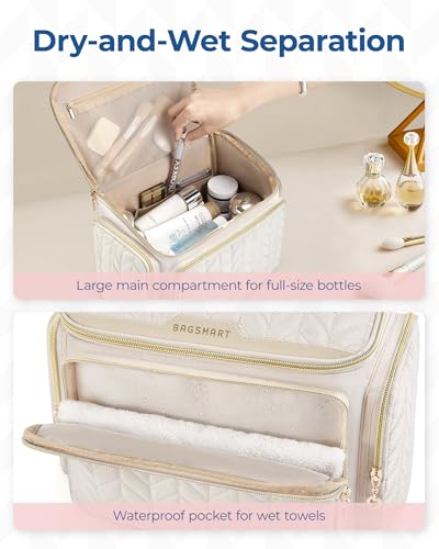BAGSMART Travel Toiletry Bag, Large Wide-open Travel Bag for Toiletries, Makeup Cosmetic Travel Bag with Handle-Beige - color: Beige