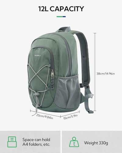WATERFLY 12L Small Hiking Backpack: Day Pack Lightweight Travel Bag Camping Fitness Cycling Outdoor Sports Daypack For Women Men - color: Pea Green