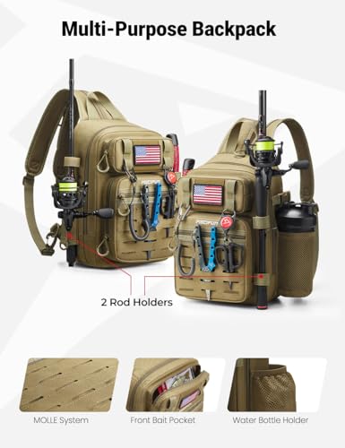 Piscifun Fishing Backpack Tackle Bag with 2 Rod Holders, Multi-Compartment Storage, MOLLE System, Water-Resistant Lightweight Outdoor Pack - color: Double Shoulder - Black, style: Standard