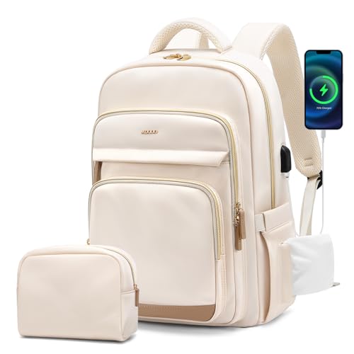 MDODO Laptop Backpack for Women,Travel Backpack with Laptop Compartment,Casual Daypack College Bookbag Computer Backpack for Work with Small Organizer Bag,Beige - color: Beige-set