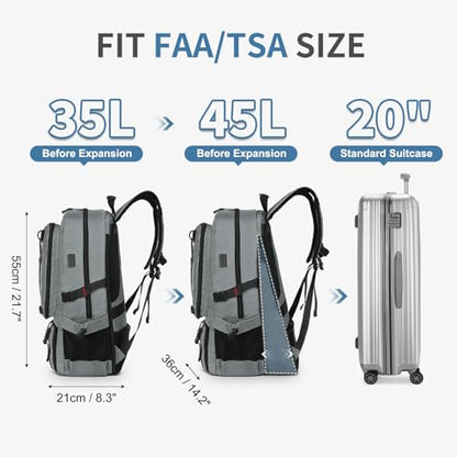 Travel Backpack 45L TSA Approved Carry on Backpack with Shoe Compartment & Wet/Dry Separation, Laptop Bag Fits 18.4 Inch Computer, Water Resistant Backpack for Men Women, Grey - color: Expandable Grey