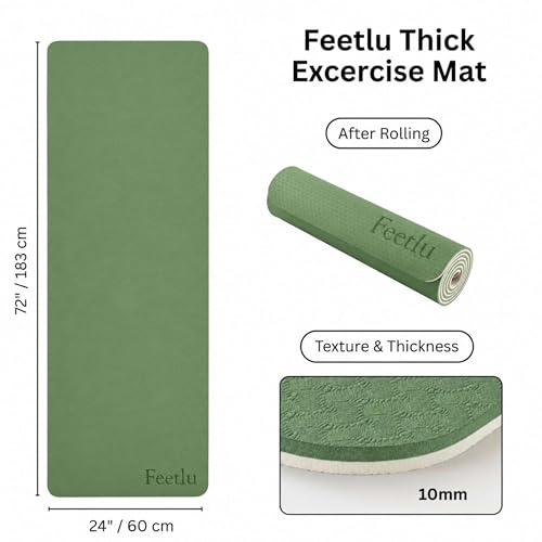 Extra Thick Yoga Mat with Carry Strap, 10mm Non-Slip Exercise Mat, 72 x 24 Inch Cushioned Workout Mat for Yoga, Pilates, Stretching & Floor Exercises - color: Green & Cream