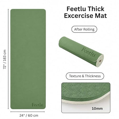 Extra Thick Yoga Mat with Carry Strap, 10mm Non-Slip Exercise Mat, 72 x 24 Inch Cushioned Workout Mat for Yoga, Pilates, Stretching & Floor Exercises - color: Green & Cream