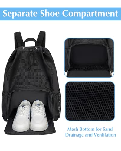 Drawstring Backpack Sandproof Beach Backpack with Shoe Compartment & Wet Pocket Waterproof Mesh Swim Bag Pool Bag for Gym, Travel and Workout Gear (Black) - color: Black