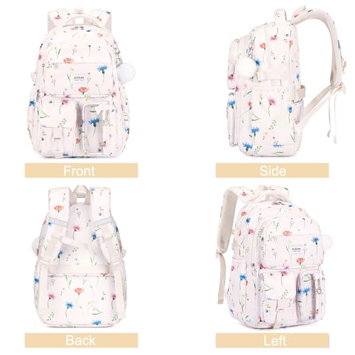 ACESAK Backpack for Girls - Girls Backpack with Lunch Bag & Pencil Pouch for Teen Kids Laptop Backpack for Women, Elementary Middle High School Bookbag Travel Daypack (Beige Flower) - color: Beige Flower