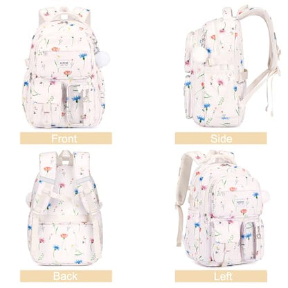 ACESAK Backpack for Girls - Girls Backpack with Lunch Bag & Pencil Pouch for Teen Kids Laptop Backpack for Women, Elementary Middle High School Bookbag Travel Daypack (Beige Flower) - color: Beige Flower
