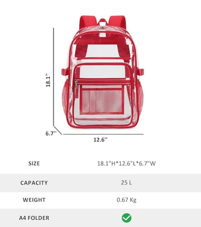 abshoo Big Heavy Duty Clear Backpack for School Girls Boys Transparent Bookbag for Middle High School (Red) - color: Red