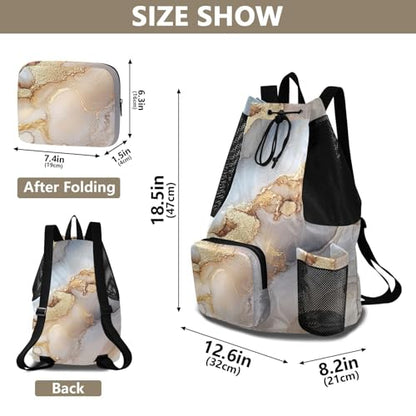 Drawstring Beach Backpack Sports Gym Bag With Inside Pockets String Swim Bag Dry Wet Separation Marble Beige Grey - color: Color 14