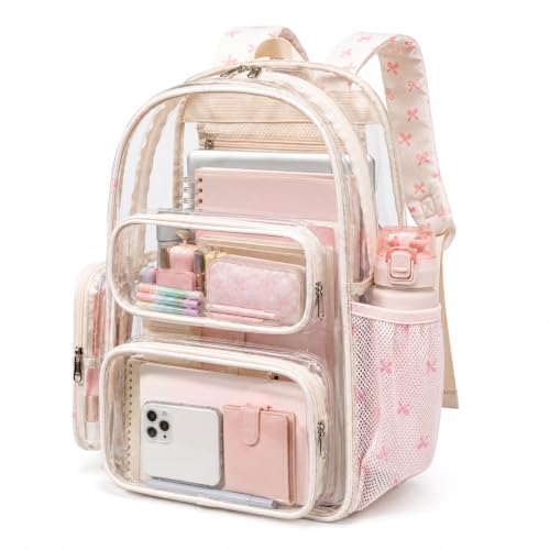 CAMTOP Clear Backpack Heavy Duty Transparent Bag See Through BookBag for Student School Work Festival Sport Travel (Beige with Pink Bow) - color: Beige Pink Bow, size: Medium-17‘’