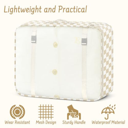 9 Set Packing Cubes for Travel Essentials - Lightweight Carry-On Luggage Organizer Bags with Shoe, Clothes & Laundry Bags for Airplane, Family & Business Travel, Beige checkered - color: Beige checkered