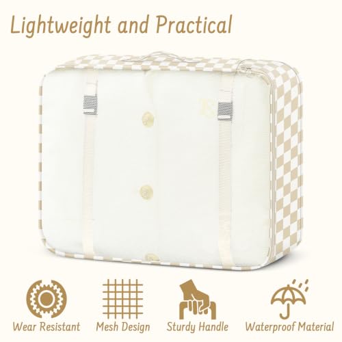 9 Set Packing Cubes for Travel Essentials - Lightweight Carry-On Luggage Organizer Bags with Shoe, Clothes & Laundry Bags for Airplane, Family & Business Travel, Beige checkered - color: Beige checkered