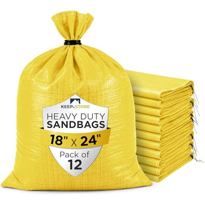 Heavy Duty Sand Bags Pack of 12, Bright Yellow Empty Sandbags with Built-In Ties, Woven Polypropylene UV Protection 1600 Hours, Fillable Bags for Flood Control, Weight, 18x24 inches, 60 Pounds Volume - size: 18"W x 24"L, style: Pack of 12