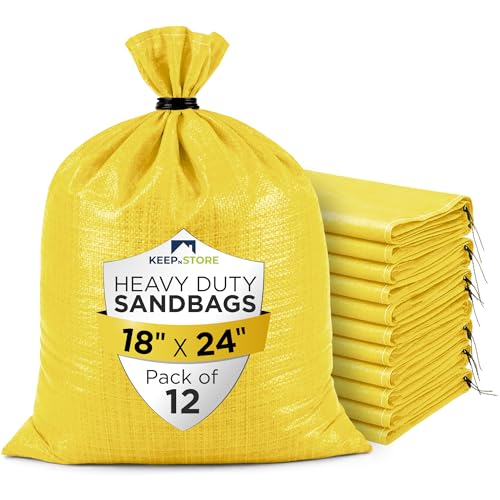 Heavy Duty Sand Bags Pack of 12, Bright Yellow Empty Sandbags with Built-In Ties, Woven Polypropylene UV Protection 1600 Hours, Fillable Bags for Flood Control, Weight, 18x24 inches, 60 Pounds Volume - size: 18"W x 24"L, style: Pack of 12